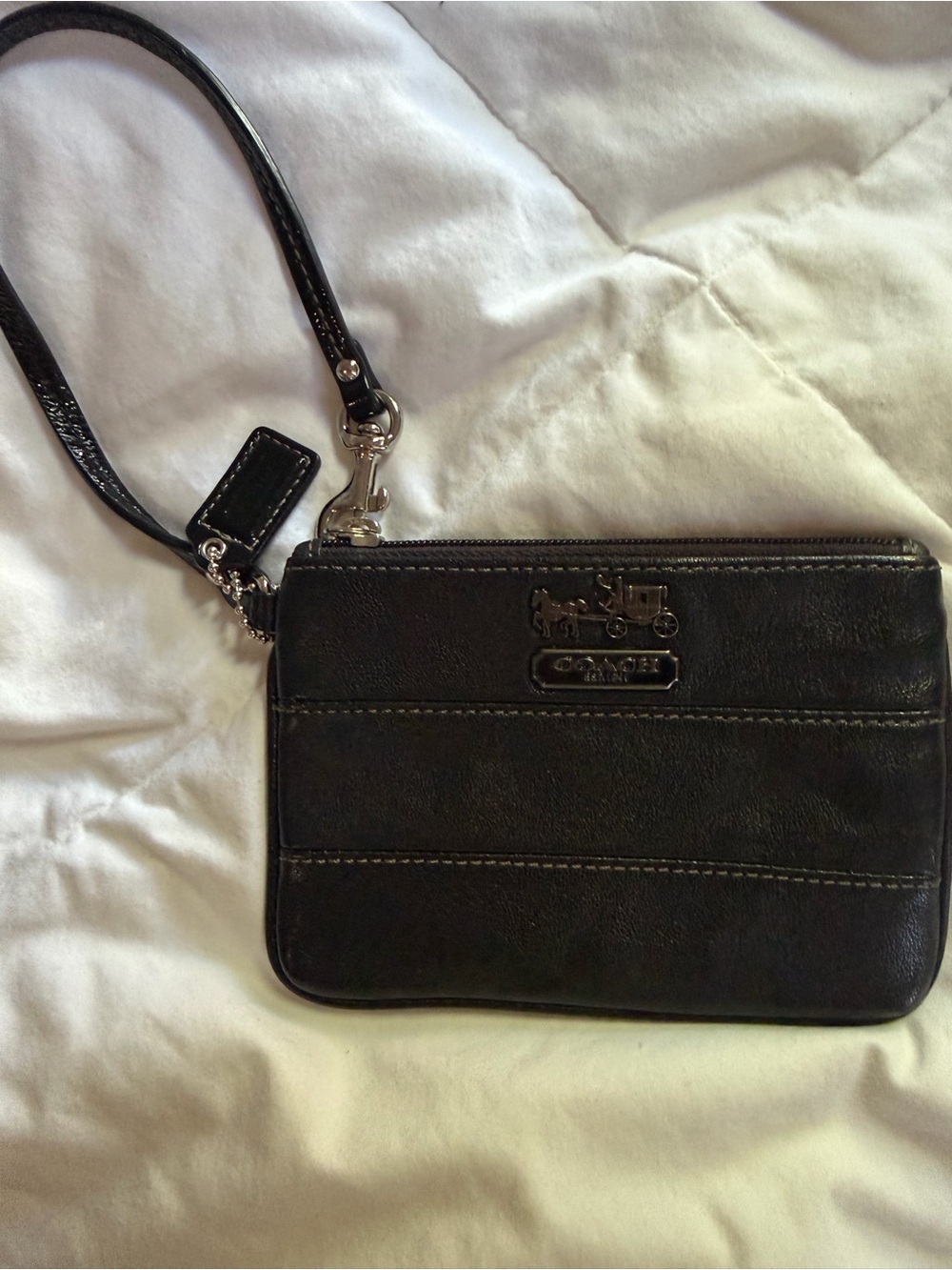 Coach Black Pebbled Leather Wristlet with Horse & Carriage Plaque
